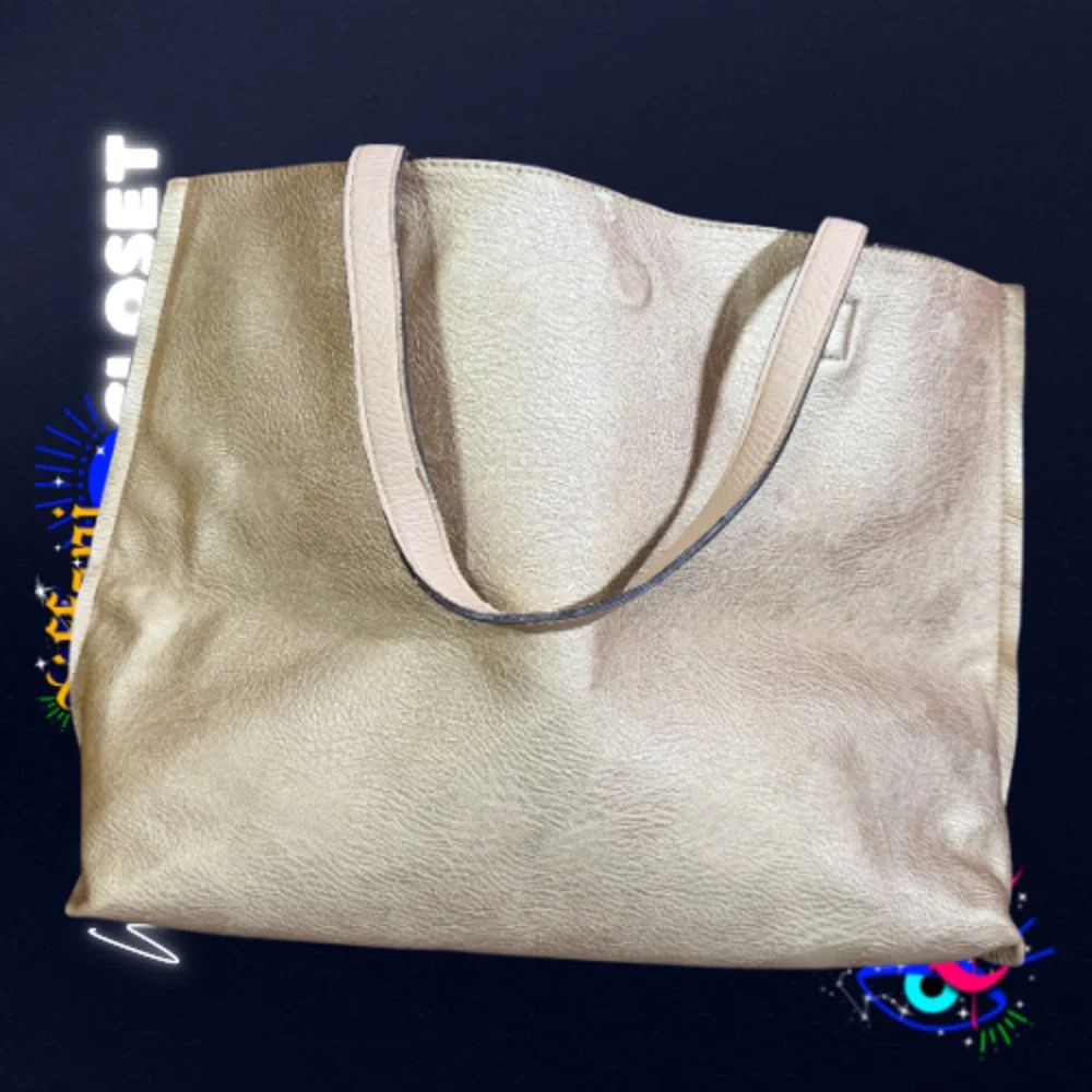 Street Level Metallic Gold Oversized Tote Bag Vegan Leather Shoulder Purse